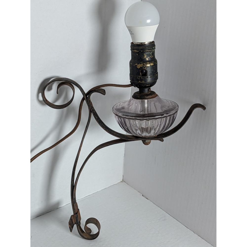 Vintage Ornate Metal Wall Sconce Light Lavender Purple Ribbed Glass